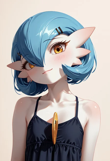 (((Gardevoir))), Female, anthro, ((pale white skin)), Stable_Yogis_PDXL_Positives, zPDXL3, Expressiveh, score_9, score_8_up, score_7_up, masterpiece, source anime, Anime Style, Raw Photo, midjourneyv6.1,
dutch angle, dynamic light,
1girl, solo, ((short hair)), flatchest, looking at viewer, blush, smile, (golden eyes), flat chest, blue hair, (casual black dress), detailed dress, hair between eyes, closed mouth, covered shoulders, flat chest, collarbone, upper body, hair clips, casual dress, eyelashes, head tilt, crossed bangs, ((plain background)), (((croma key background))), (lineless:1.5), FastNegativeV2