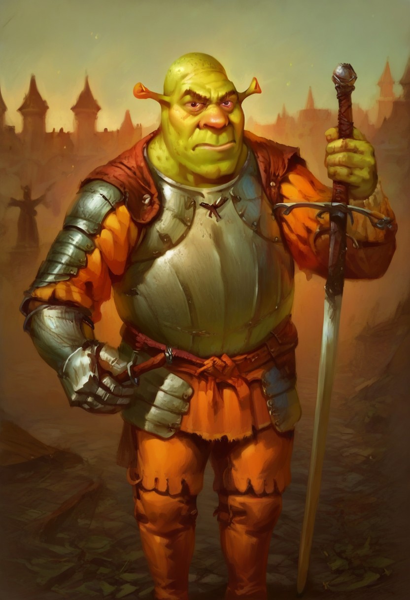 male focus, solo focus, solo, score_9, score_8_up, score_7_up, 1boy, shrek, green skin, armor, ZweihanderV1.1-pose1, weapon, sword, holding weapon, holding,