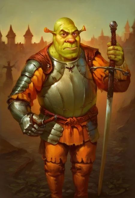 male focus, solo focus, solo, score_9, score_8_up, score_7_up, 1boy, shrek, green skin, armor, ZweihanderV1.1-pose1, weapon, sword, holding weapon, holding,