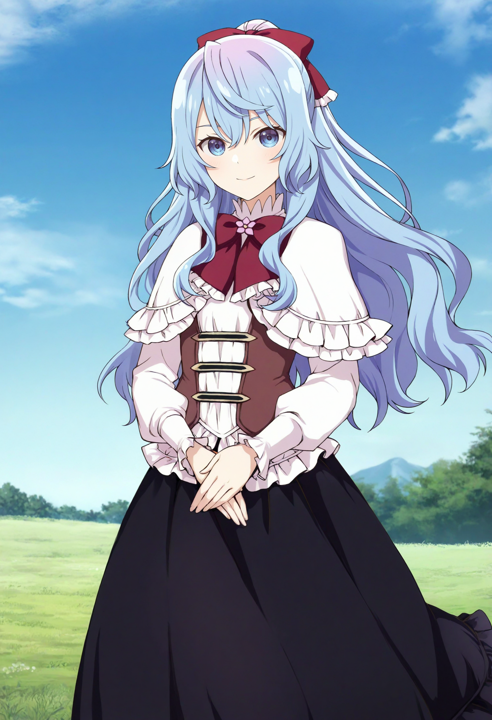 best quality, masterpiece \(quality\),
liselotte cretia,
smile, closed mouth,
1girl, solo,
white capelet, vest, red bowtie, long skirt, black skirt, hair bow, long sleeves,
standing,  cowboy shot,
outdoors, blue sky,
<lora:faux-liselotte-cretia-mixed4-noobv-lora-rank128a32-adaf-attn-2024-12-29_18-48-28-save-660-3-0:0.8>