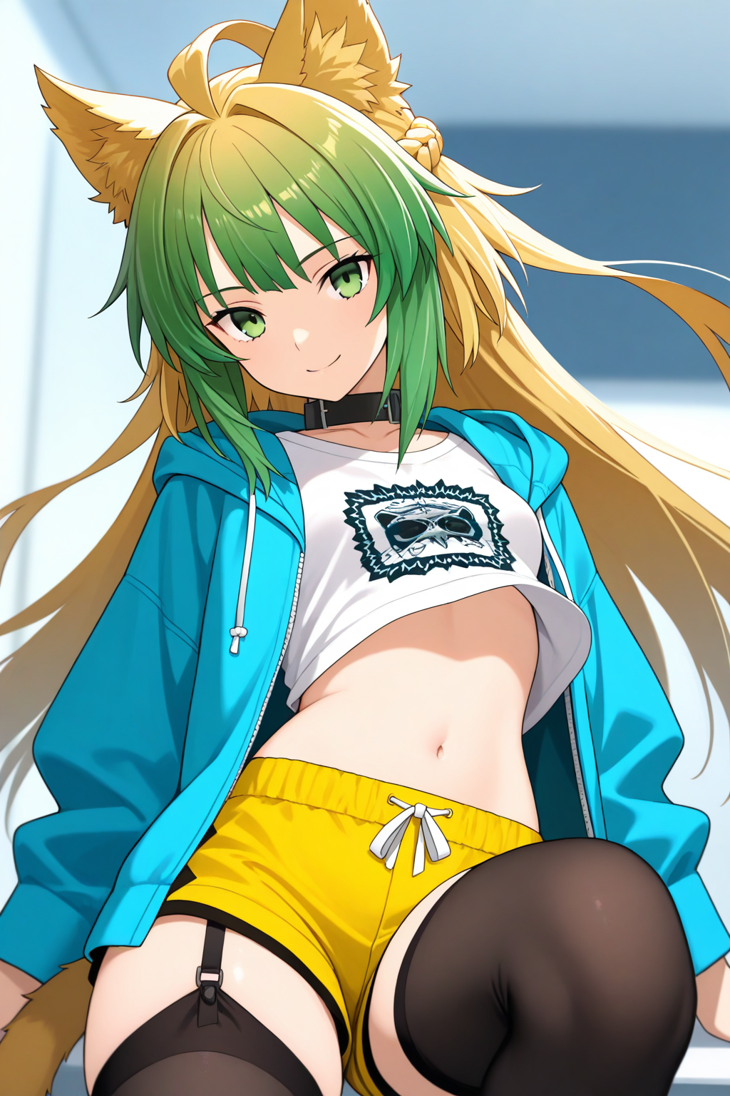 atalanta \(fate\), fate \(series\), 1girl, ahoge, animal ears, black thighhighs, blonde hair, blue jacket, blurry, breasts, choker, depth of field, garter straps, gradient hair, green eyes, green hair, hood, hooded jacket, jacket, long hair, long sleeves, looking at viewer, midriff, multicolored hair, navel, open clothes, open jacket, print shirt, shirt, shorts, small breasts, smile, solo, tail, thighhighs, white shirt, yellow shorts, masterpiece, best quality, amazing quality, very aesthetic, absurdres