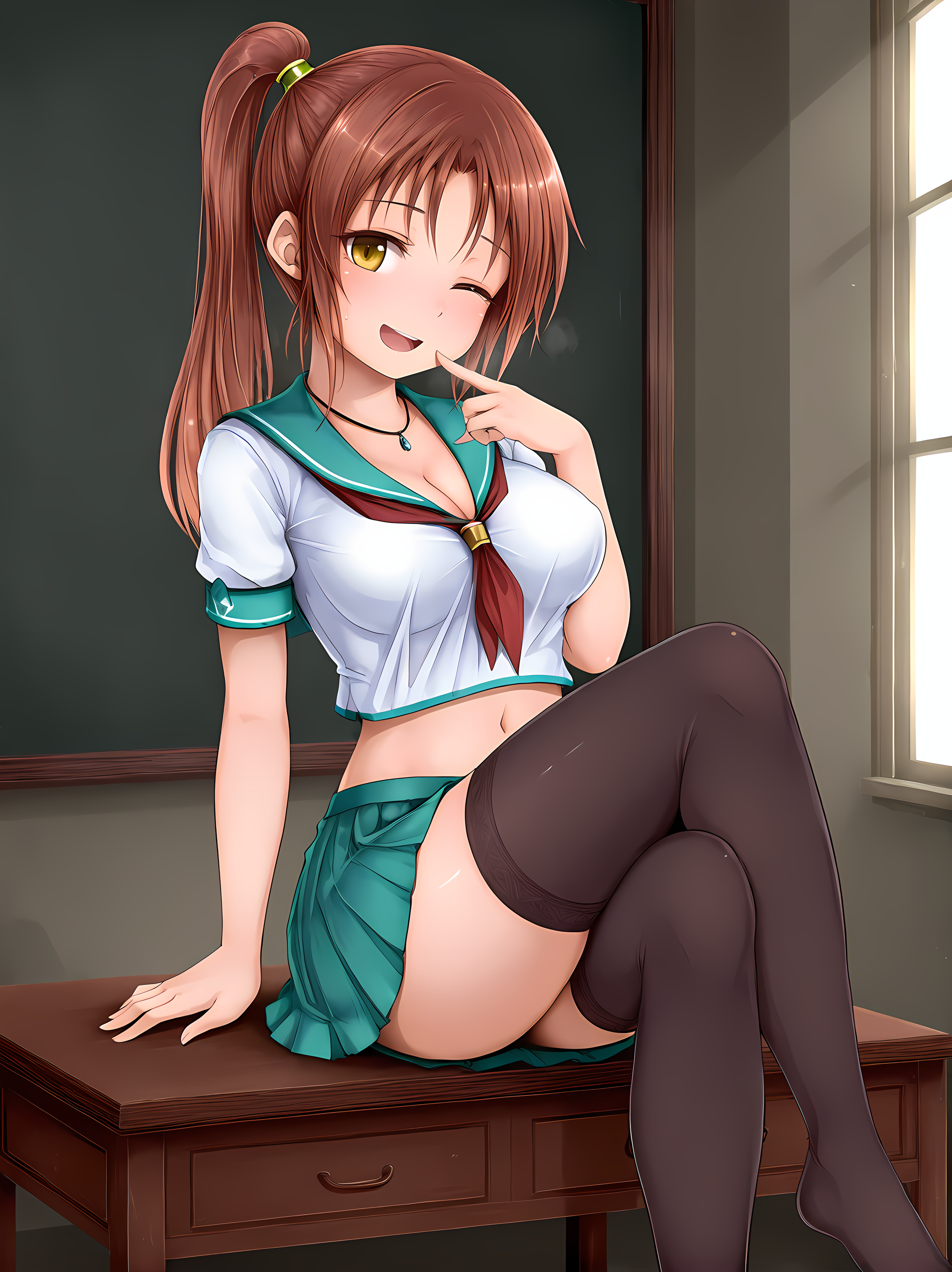 1girl,solo,(ponytail:1.3),jill,73tunnel,breasts,indoors,<lora:Jill_Grantz_-_Lilitales:0.8>,school uniform,serafuku,cleavage,large breasts,thighhighs,zettai ryouiki,finger to mouth,smile,open mouth,one eye closed,head tilt,navel,midriff,no shoes,sitting,crossed legs,foot focus,, masterpiece,best quality,amazing quality,