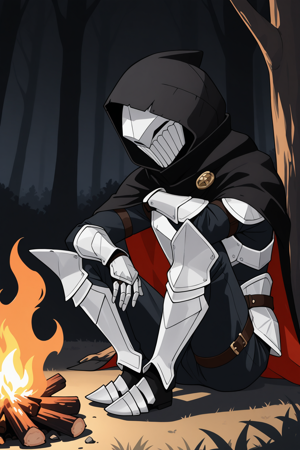 umbralknight, solo, simple background, 1boy, full body,  male focus, hood, cape,  armor,  black background, gauntlets, mask, cloak, hood up, hooded cloak
BREAK
sitting, arm on knee,
BREAK
outside, forest, bonfire, night
BREAK
masterpiece,best quality,absurdres,very aesthetic,perspective, <lora:umbralknight_IL_Lora_v1:1>
