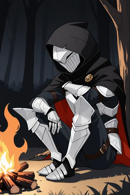 umbralknight, solo, simple background, 1boy, full body, male focus, hood, cape, armor, black background, gauntlets, mask, cloak, hood up, hooded cloak
BREAK
sitting, arm on knee,
BREAK
outside, forest, bonfire, night
BREAK
masterpiece,best quality,absurdres,very aesthetic,perspective, <lora:umbralknight_IL_Lora_v1:1>
