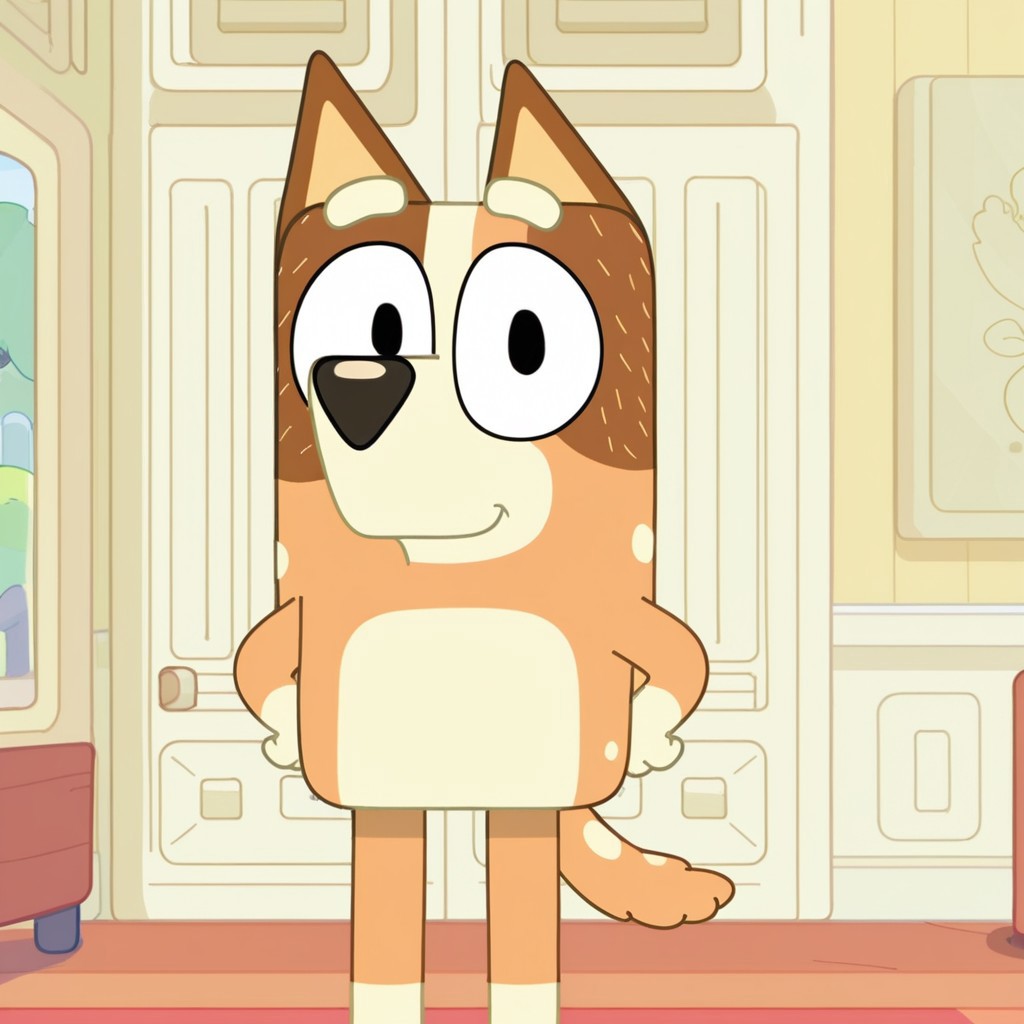 Chilli, orange fur, dog, 2d, cartoon, furry female, standing, looking at viewer, black nose, black pupils, hands on hips,