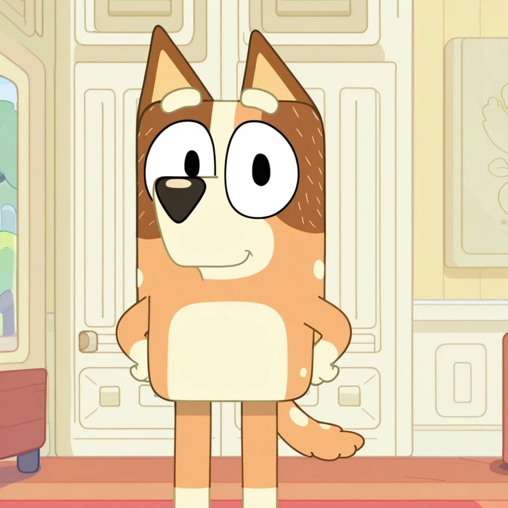 Chilli, orange fur, dog, 2d, cartoon, furry female, standing, looking at viewer, black nose, black pupils, hands on hips,