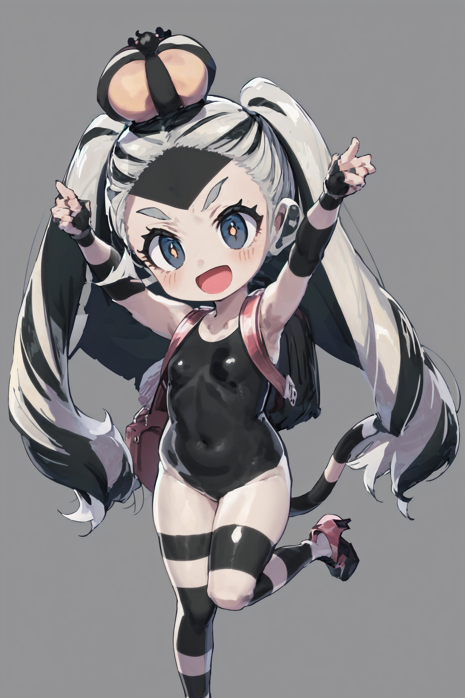 absurdres, high detail, 4k,
simple background, black background, spotlight, full body,
multiple girls, over 3 girls, standing on one leg, arm up, smile, :d,
(chibi:1.3), nymph, twintails, bodypaint, striped, crown, black leotard, backpack, tail, heels
<lora:MGCM-nymph-t2:0.9>