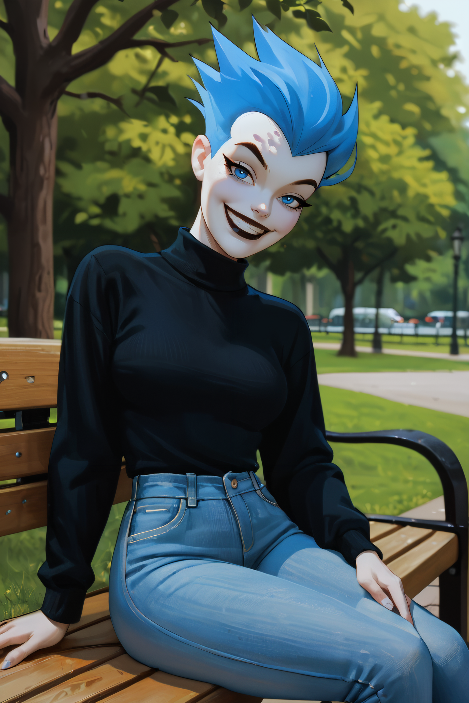zPDXL3, <lora:LivewireAS:.8>,
Livewirexl,blue hair,spiky hair, blue eyes,pale skin, medium breasts, black turtleneck sweater, long sleeves, jeans, looking at viewer, smiling, sitting, on bench, outside, park, trees, overcast,