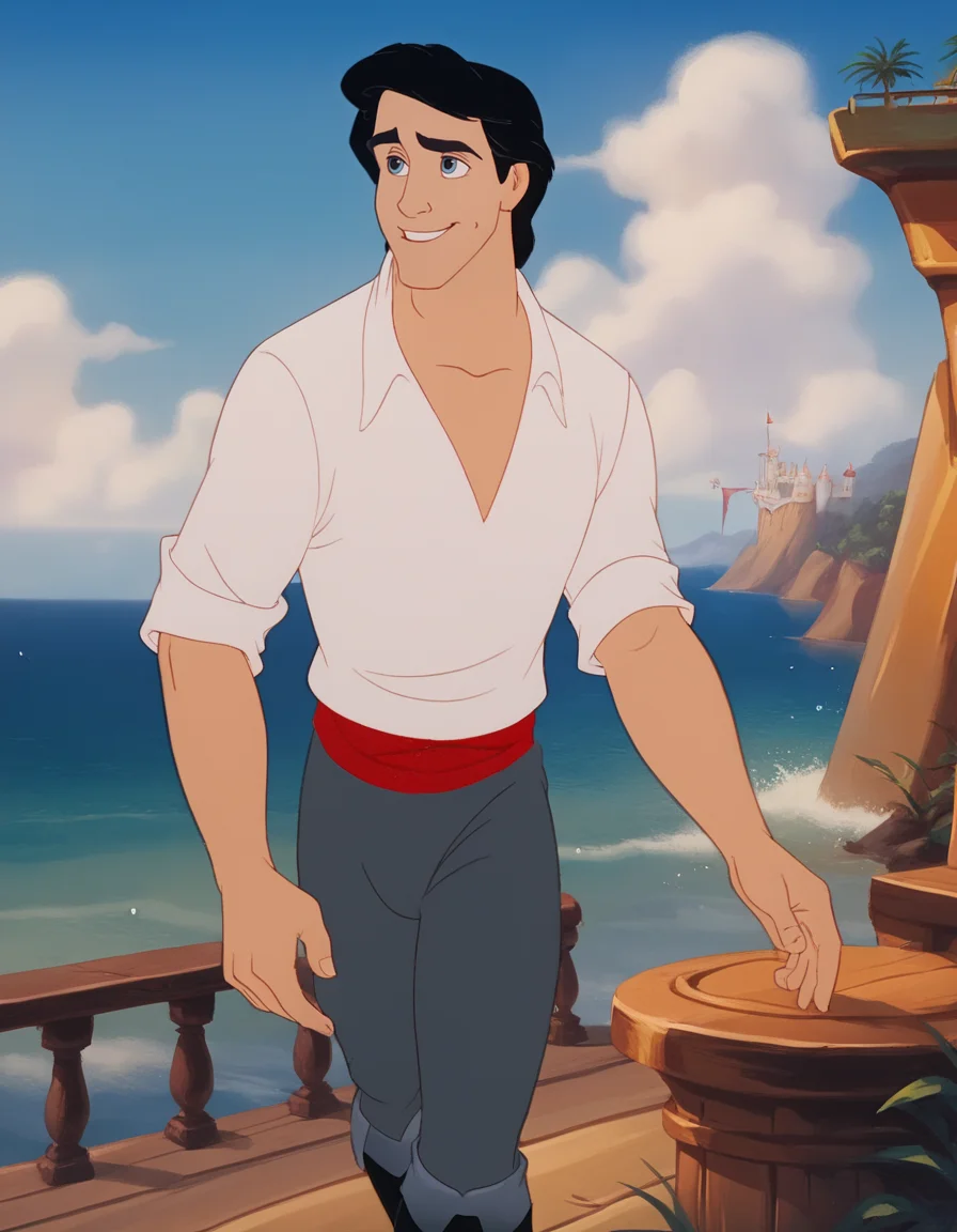 score_9, score_8_up, score_7_up,
Prince_Eric_LTM, 1boy, black hair, light-blue eyes, white shirt, three-quarter sleeves, red waistband, gray pants, black boots,
solo, walking slowly, light smile, looking at viewer,
sea shore, sea waves, fantasy white castle on a high cliff in the background,
best quality, much detailed, high resolution, Expressiveh, zPDXL3, <lora:Prince_Eric_LTM:1>, <lora:Smooth Anime Style LoRA XL:0.8>, <lora:Expressive_H:0.6>, <lora:add-detail-xl:1>, <lora:zPDXL3:1>âââ