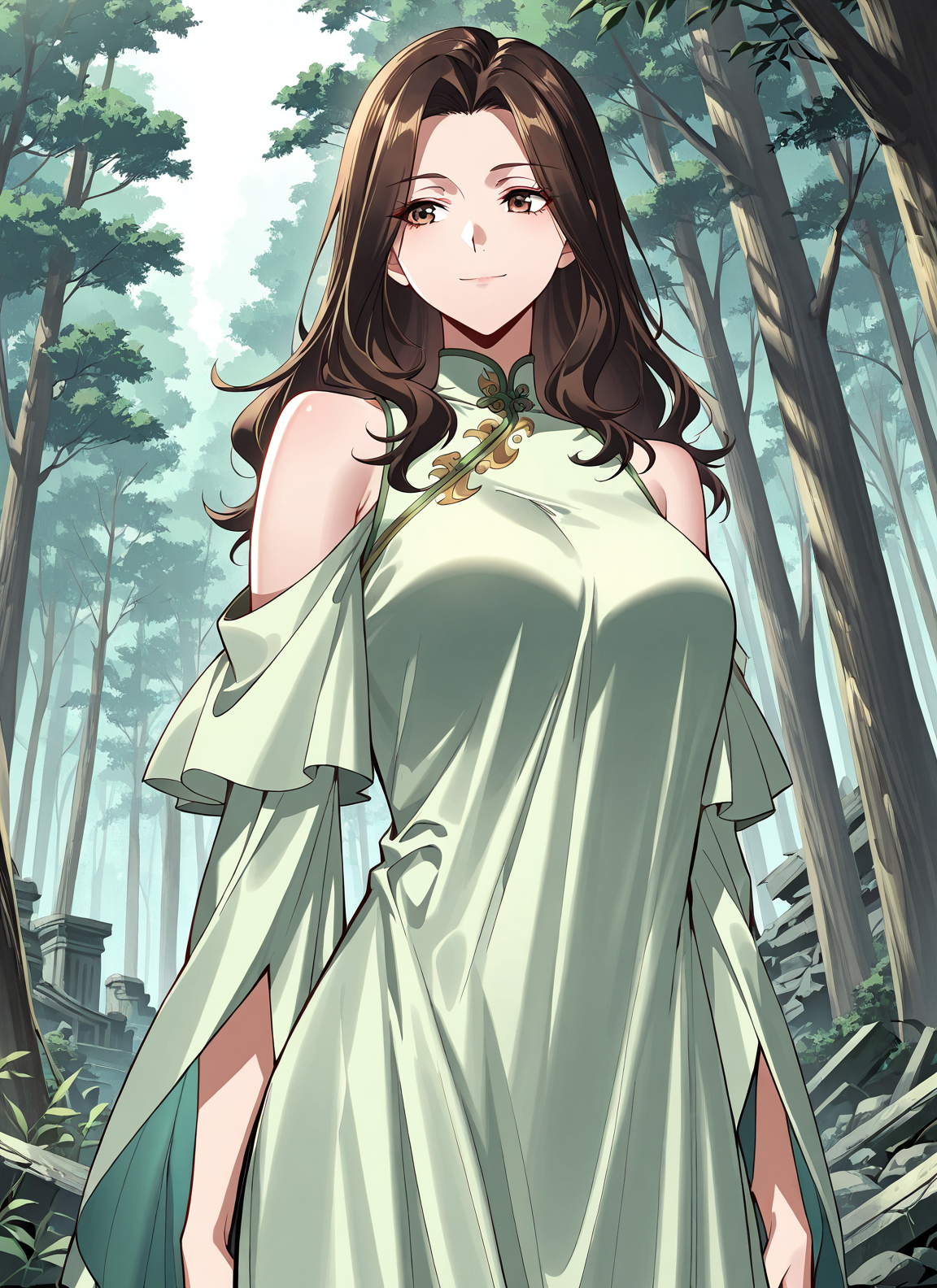 <lora:Lu_Luo:1>
1 girl, solo, long hair, brown hair, brown eyes, bangs
chinese clothes, green dress, bare shoulders, shoulder cutout, clothing cutout
score_9, score_8_up, score_7_up, very aesthetic, source_anime, detailed, high quality, beautiful, masterpiece, detailed eyes, forest, tree, ruins, cowboy shot, dynamic angle, upper body, light smile, big breasts, dynamic pose