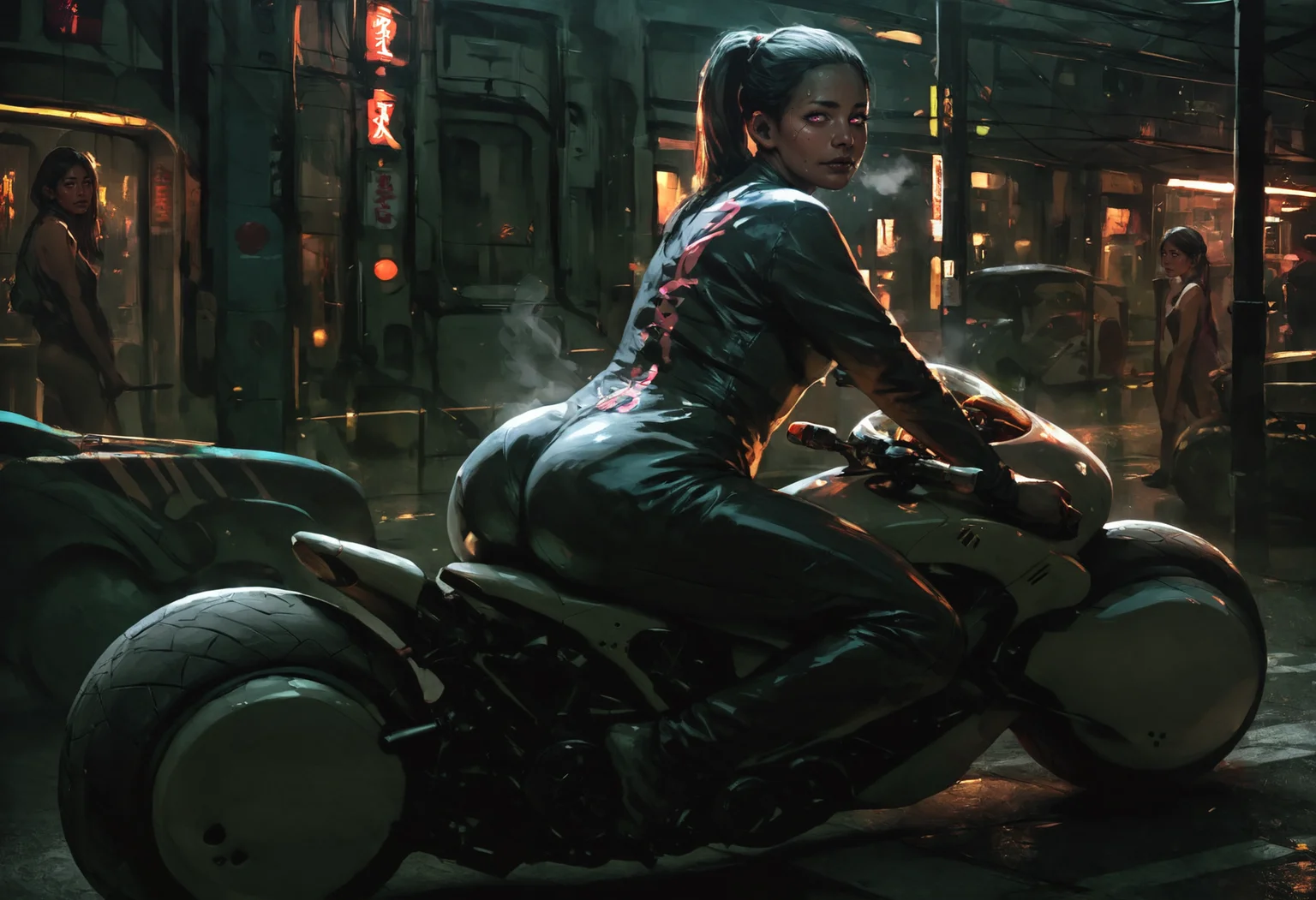 adult woman, pink eyes, dark skin, black hair, ponytail, racer jumpsuit, driving a custom racer, motor vehicle, motorcycle, riding, dusk, outdoors, big butt, booty, plump butt cheeks, seductive, sweat, steam, from behing, looking back, solo, cyberpunk, <lora:Eddie_MendozaV2:0.8>, score_8_up, score_7_up, realistic