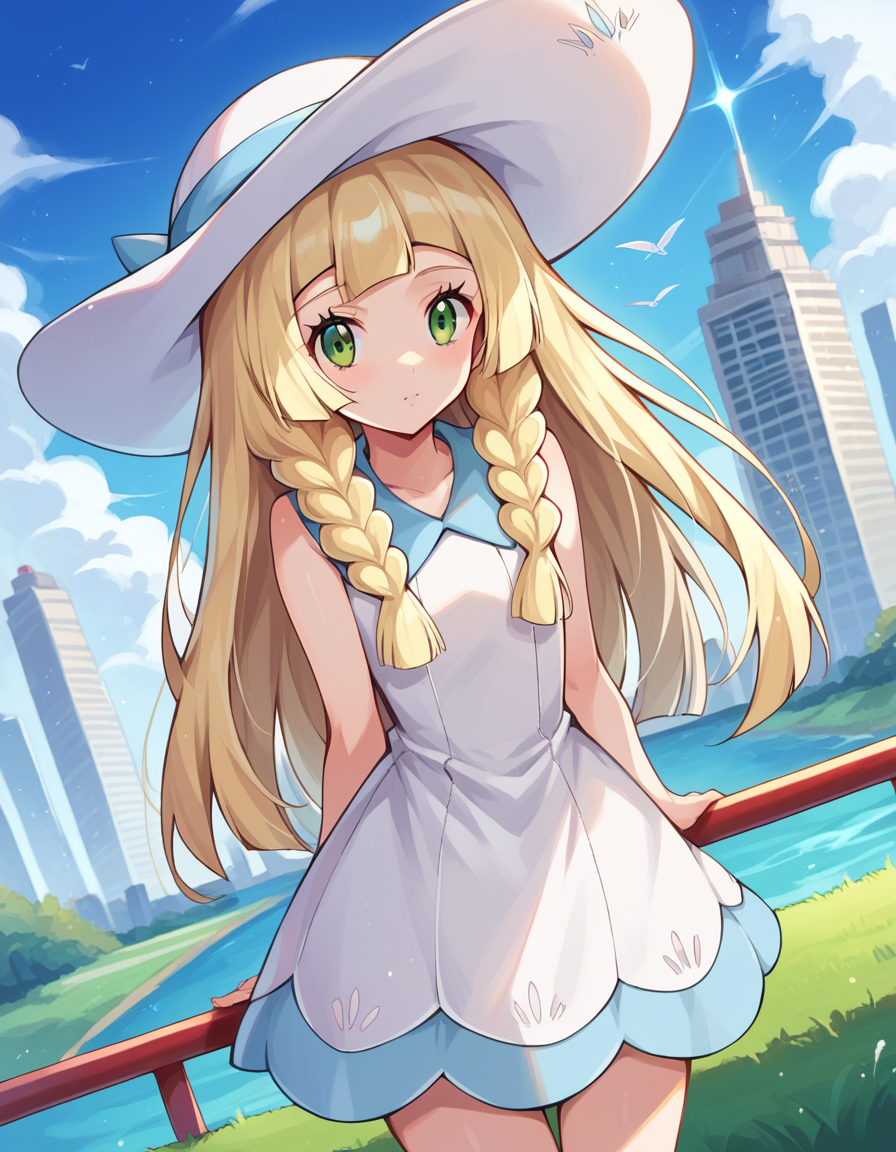 score_9, score_8_up, score_7_up, source_anime,
pokemonlilie, <lora:pokemon-lilie-ponyxl-lora-nochekaiser:1>
pokemonlilie, blonde hair, blunt bangs, green eyes, long hair,
braid, collared dress, dress, hat, sleeveless, sleeveless dress, sun hat, sundress, twin braids, white dress, white headwear,
outdoors, cityscape,
looking at viewer, cowboy shot, dutch angle,