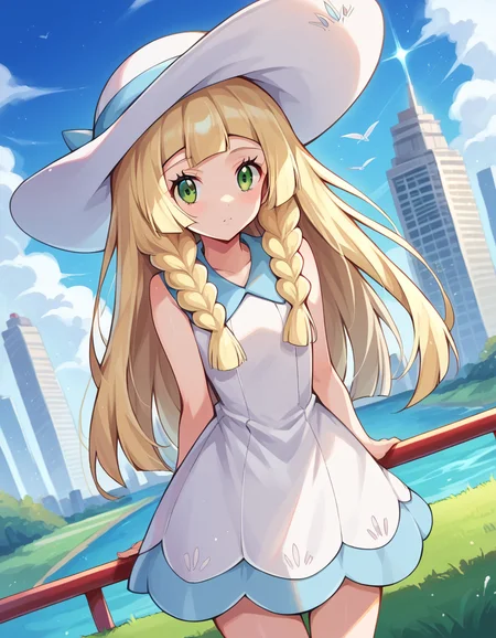 score_9, score_8_up, score_7_up, source_anime,
pokemonlilie, <lora:pokemon-lilie-ponyxl-lora-nochekaiser:1>
pokemonlilie, blonde hair, blunt bangs, green eyes, long hair,
braid, collared dress, dress, hat, sleeveless, sleeveless dress, sun hat, sundress, twin braids, white dress, white headwear,
outdoors, cityscape,
looking at viewer, cowboy shot, dutch angle,