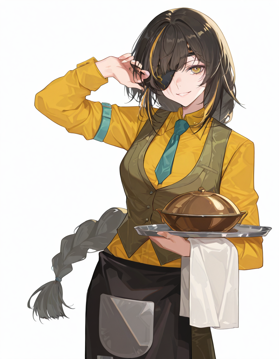 Volumetric Lighting, (masterpiece), (best quality), (ultra-detailed), masterpiece, source_anime, score_9, score_8_up, score_7_up BREAK, illustration, disheveled hair, detailed eyes, perfect composition, moist skin, intricate details, detailed eyes, detailed face, detailed fingers BREAK, yellow eyes, black hair,streaked hair, blonde hair, very long braid, single braid, scar across eye BREAK, FairyKingdomBrew, FKB_pants, FKB_arm_belt,FKB_necktie, FKB_shirt, FKB_vest, def_eyepatch, FKB_apron BREAK, (((white background))), looking at viewer,smile,1girl,solo, standing, shadow,bottle, alcohol, tray, scar across eye, holding tray