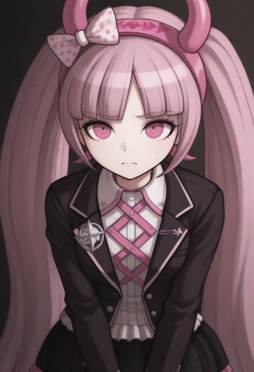 masterpiece, best quality, amazing quality, kotoko, pink hair, pink eyes, long hair, very long hair, twintails, blunt bangs, horned hairband, bow,