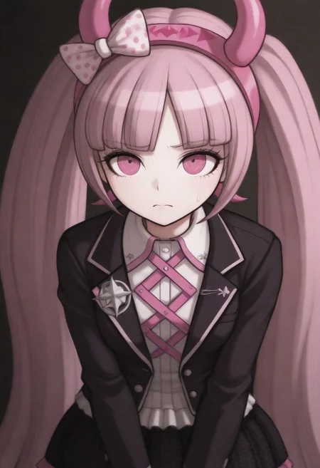 masterpiece, best quality, amazing quality, kotoko, pink hair, pink eyes, long hair, very long hair, twintails, blunt bangs, horned hairband, bow,