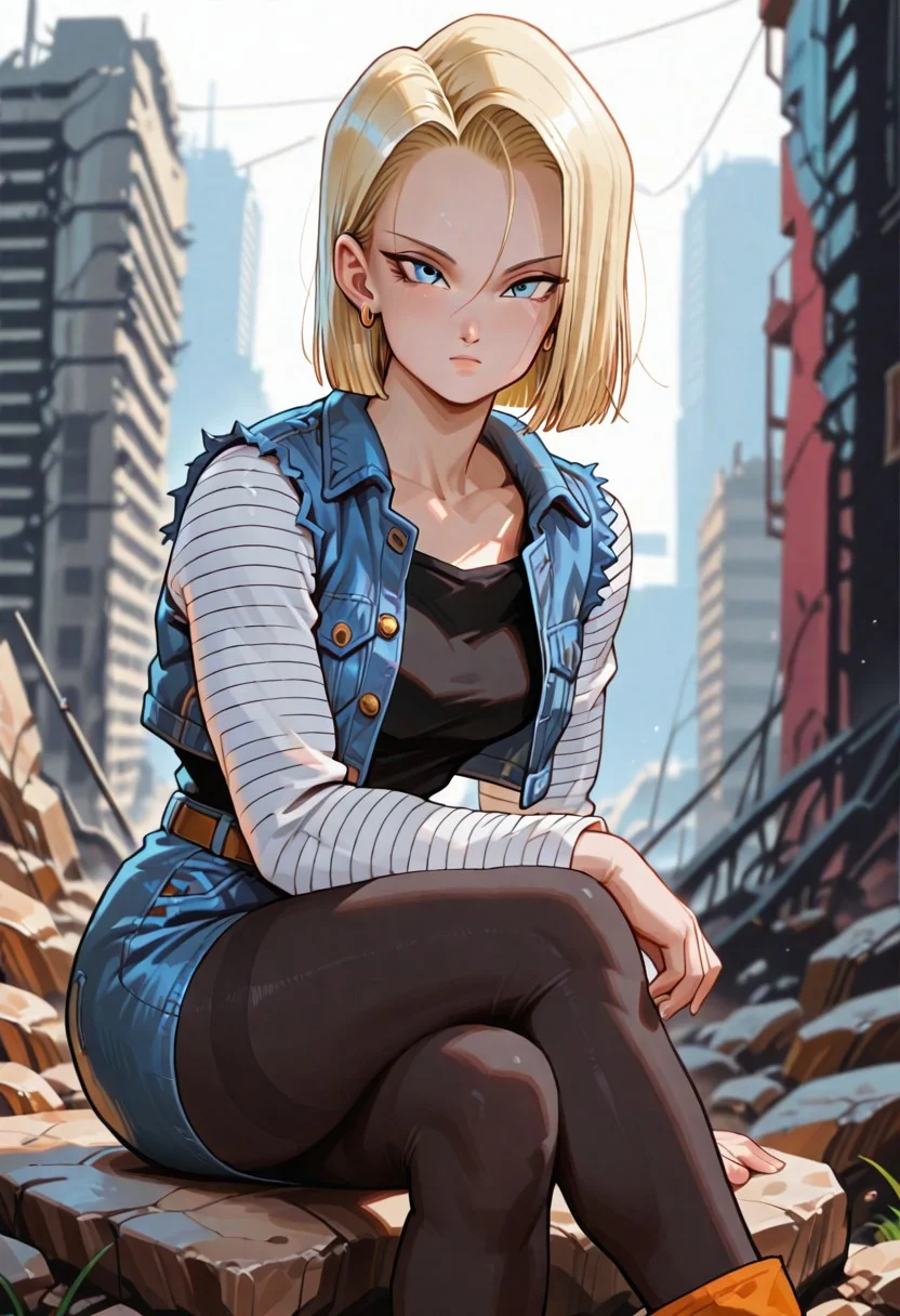 masterpiece, best quality, amazing quality, very aesthetic, absurdres,
android18, 1girl, solo, blonde hair, blue eyes, short hair,,
outif1, stripped sleeves, denim jacket, denim skirt, pantyhose, belt, torn sleeves, long sleeves,,
sitting, crossed legs, squatting, looking at viewer, colorful, cinematic atmosphere, high contrast, blurry background, city in ruins, city in the background, sitting on a rock, collapsed buildings