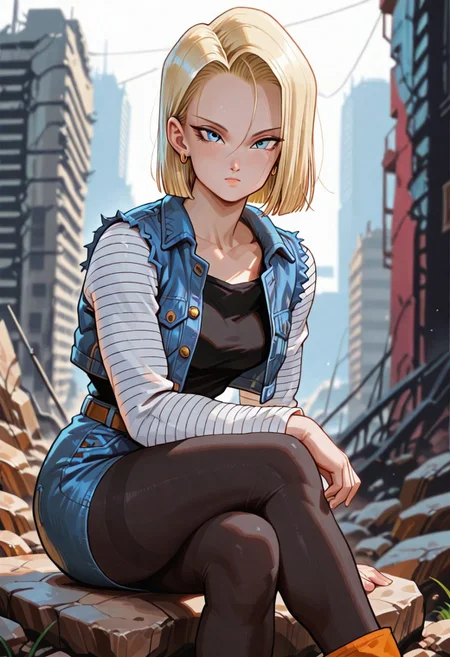 masterpiece, best quality, amazing quality, very aesthetic, absurdres,
android18, 1girl, solo, blonde hair, blue eyes, short hair,,
outif1, stripped sleeves, denim jacket, denim skirt, pantyhose, belt, torn sleeves, long sleeves,,
sitting, crossed legs, squatting, looking at viewer, colorful, cinematic atmosphere, high contrast, blurry background, city in ruins, city in the background, sitting on a rock, collapsed buildings