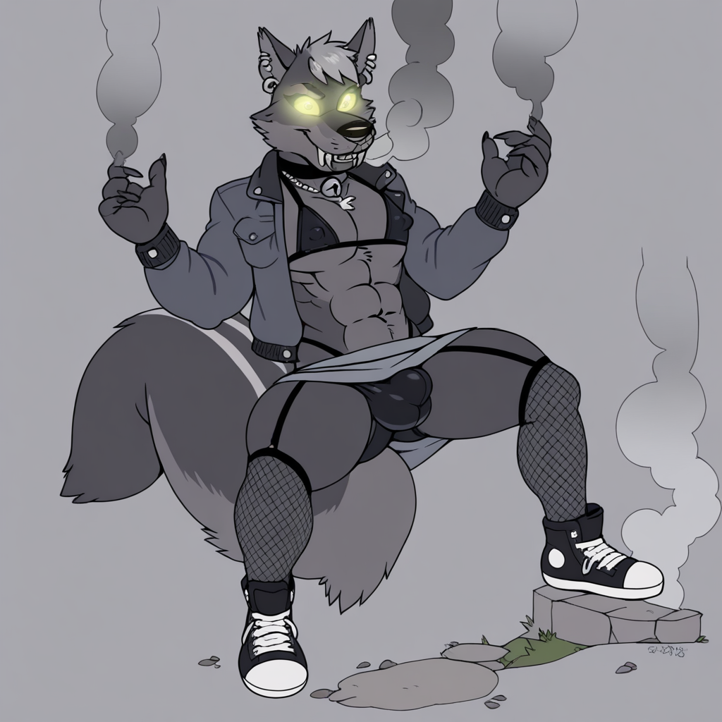 colored skin, arthropod girl, spread legs, shoes, hands up, abs, fishnets, black bikini, fangs, covered nipples, neck bell, covered navel, grey skirt, rabbit ears, black bra, jacket, smoke, bulge, glowing eyes, black fur, necklace, cunnilingus, wolf boy, pectorals, solo, earrings, flat color, squirrel tail