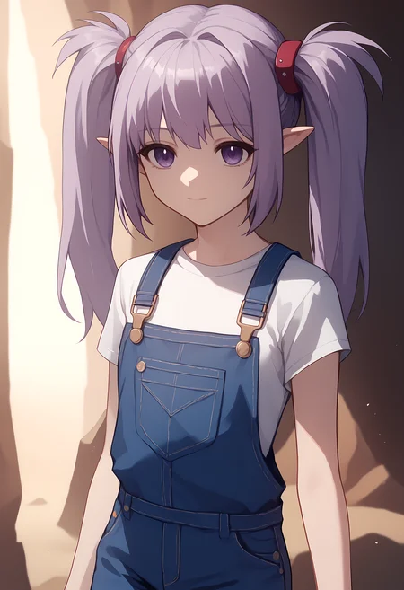 score_9, score_8_up, score_7_up,closed mouth, shiny skin, light smile,ohwx, 1girl, solo, sidelocks, twintails, long_hair, purple_eyes, purple_hair, grey_hair, empty_eyes, expressionless, pointy_ears,overalls, Standing with one arm reaching out, cave,<lora:primula_pony_sobsynapse-000004:0.8>