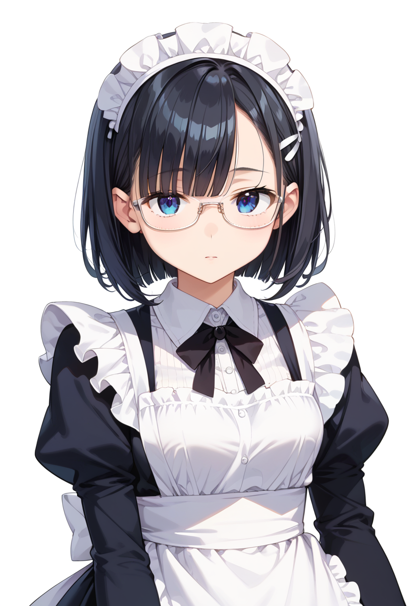 score_9, score_8_up, score_7_up, rating_safe, masterpiece, best quality, absurdres, unity 8k wallpaper, official art, official style, source_anime, uncensored, game cg, megami magazine,
1girl, solo, black hair, medium hair, upper body, covered eyes,maid, maid headdress, black dress, maid apron, face focus,
underrim_metal, glasses, still life, white background, simple background, under-rim eyewear, white-framed eyewear, 
 <lora:glasses_underRimMetal_PONY_V1:1>