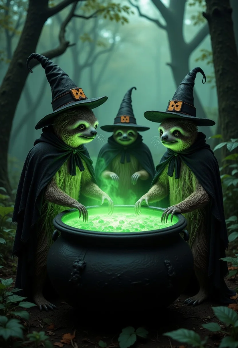 aidmaHalloweenBoost, aidmasoftglow, a high quality digital image of 3 sloths standing around a large cauldron in a spooly forest, the 3 slothes are wearing witch hats and capes. the colours in the image are quite muted apart from the bubbling  liquid in the cauldron which is glowing a vivid green