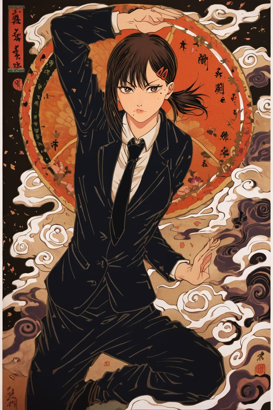 score_9, score_8_up, score_7_up, score_6_up, score_5_up, score_4_up, <lora:kobeni-higashiyama-ponyxl-lora-nochekaiser:0.8> , kobeni higashiyama, black hair, hair ornament, hairclip, mole, mole under eye, ponytail, short hair, brown eyes,black necktie, black pants, business suit, formal, long sleeves, necktie, pants, suit, <lora:traditional_Japanese_art:1>, traditional japanese art, 1girl, solo, alone, fighting stance, masterpiece, highres