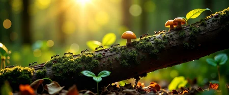ultra-high-resolution, 8k, 4k, bokeh-macro, macro nature photography with cinematic depth and realism, a fallen tree becomes a bridge teeming with ant activity, the background fades into a dreamy blur of green undergrowth and forest floor, the tree trunk is blanketed in vibrant moss and dotted with tiny mushrooms, scattered with fallen leaves and beaded with delicate morning dew, soft light filtering through a forest canopy dances across the scene in dappled, golden patches, ants follow a winding trail along the natural contours of the bark, tiny reflections visible in dewdrops, occasional fallen petals or twigs scattered around as environmental details, close-up macro shot with a short depth of field and pronounced bokeh, shot from a low antâs-eye perspective, the background melting into a soft blur of forest texture, sunbeams break through the canopy in patches, catching the dew and lichen with warm highlights, the main light source a slanted ray of early morning sun, shot in ultra-high-resolution with a wide-format sensor, with nature photography lenses and cinematic grading, ovg, photograph, <lora:bokeh_and_macro-flux-by_marielle:0.44>