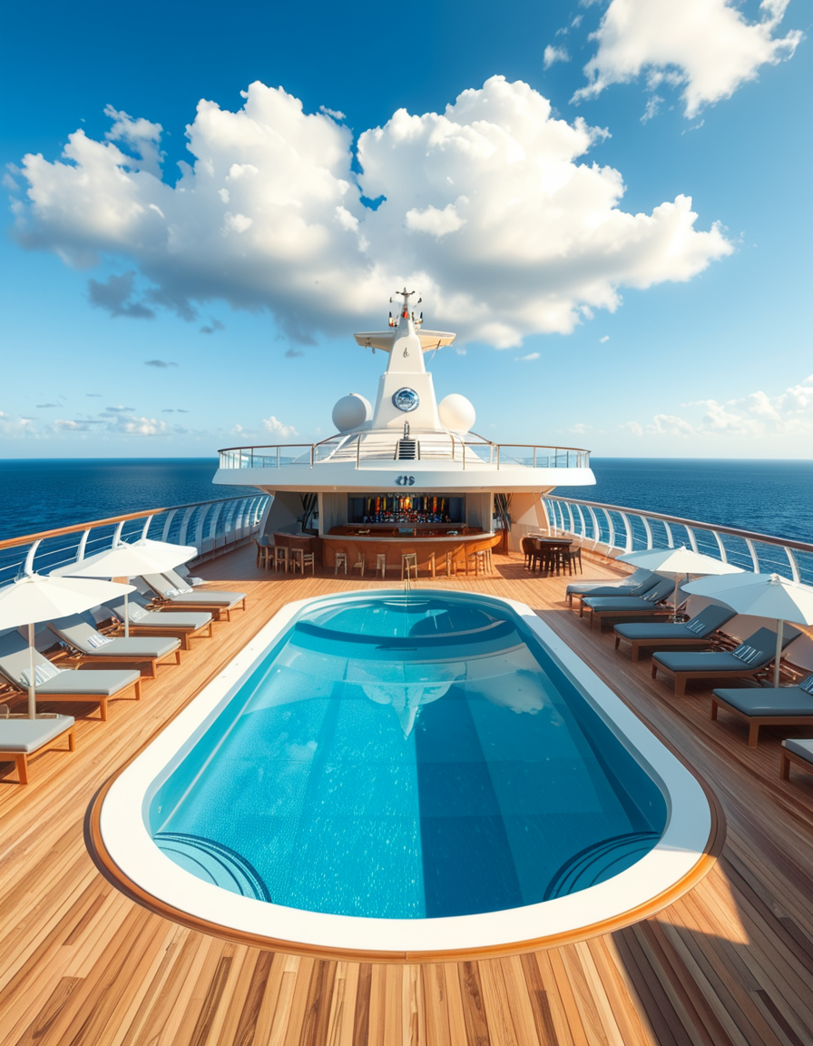 A wide, high-resolution view of the upper deck of a modern luxury cruise ship, completely empty of people. The deck features a clean, polished teak wood floor and sleek white railings along the edges. Several neatly arranged lounge chairs line both sides, with large white parasols providing shade. In the center of the deck, a crystal-clear swimming pool reflects the blue sky, with no one in or around it. To one side, a stylish bar area with a curved canopy stands closed, with colorful bottles and barstools neatly arranged. The background reveals the endless ocean meeting the horizon, under a bright, cloud-speckled blue sky. The lighting is natural daylight, casting soft shadows and highlighting the modern, serene, and luxurious ambiance of the cruise ship deck. No signs of human presence â everything is pristine, calm, and ready for guests.
<lora:SDXLFaeTastic2400:0.4> <lora:extremely_detailed:0.4> extremely detailed,<lora:luxury_cru1s3_sh1p:1>,luxury cru1s3 sh1p, Masterpiece,best quality,hi res,8k,hi res,8k,award winning,(sharp focus, intricate, highly detailed),