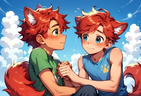 score_9,score_8_up,score_7_up, 2boys, anthro canine humanoid hybrid with red fur, freckles, petite, twink, young, dog ears, red tail, red hair, fluffy, cute, adorable, petite, brothers, clothed, kids, cute, shy, in love, sweet, embarrassed, playing together, looking at each other, detailed face, at home, anatomically correct, masterpiece, negative_hand, source_anthro, rating_safe