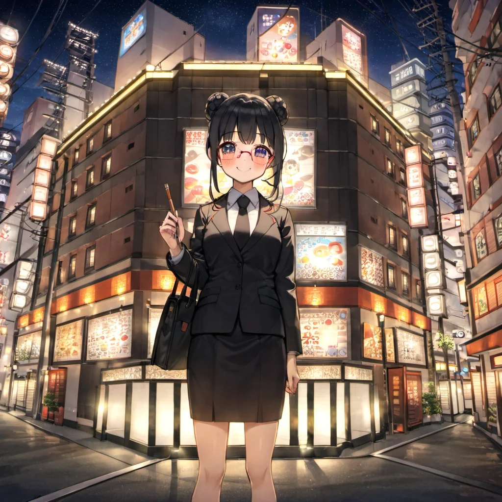 best quality, ultra-detailed, illustration,
1girl, japanese girl, cute, (shy smile), glasses, black hair, long hair, single hair bun, business suit, pencil skirt, business bag, blush, looking at viewer, standing,
juso, lovehogai, scenery, japan, night, sign, outdoors, building, sky, road, city, power lines, street, lamppost, night sky, neon lights, light, utility pole, road sign, cityscape, english text,
<lora:lovehogai_juso_SDXL_V1:1>