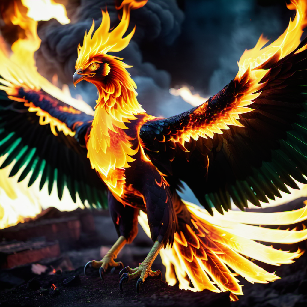 (half green) half immolation phoenix,<lora:Phoenix:0.68>,terrifying glowing eyes,immolation wings,<lora:phoenix:0.68>,