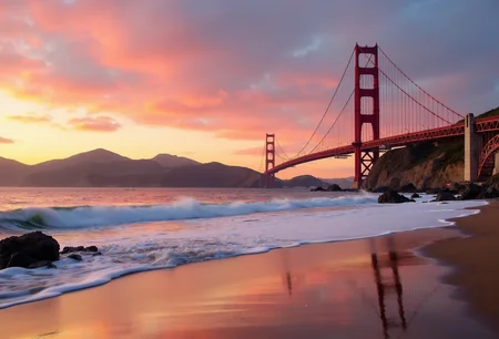 A professional photo of the iconic Golden Gate Bridge at early sunset, viewed from the sandy shores of Baker Beach. The scene is bathed in the warm, golden hues of the setting sun, casting a soft glow over the bridge's majestic red-orange towers as they stretch across the bay. The sky above is a vibrant blend of soft pink, orange, and lavender, with streaks of clouds catching the last rays of sunlight. The waters of the Pacific Ocean gently lap against the shoreline, reflecting the warm tones of the sky, while small waves crash against the rocks in the foreground. The bridge stands tall and proud, its cables silhouetted against the colorful sky. In the distance, the city skyline is faintly visible, bathed in the golden light. The entire scene exudes a serene and peaceful atmosphere, with the vast expanse of the ocean and the grandeur of the bridge creating a perfect harmony between nature and human engineering.