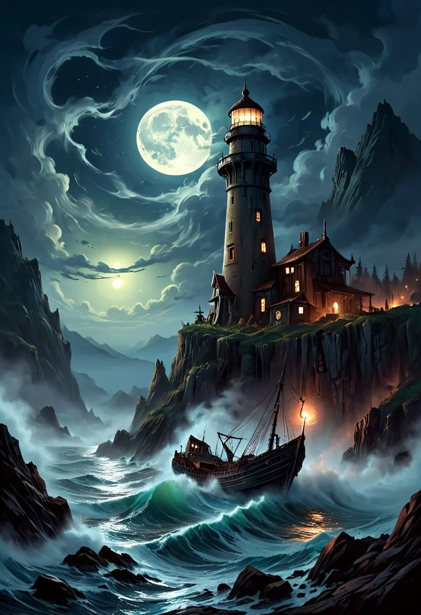 flat art, surreal, Under the eerie glow of a full moon, a dark and ominous landscape unfolds. A vibrant, colorful ship stands by the edge of a serene ocean, its vivid hues contrasting starkly with the foreboding atmosphere. In the background, a lighthouse stands atop jagged rocks, its light cutting through the darkness and reflecting off the ocean's surface, glistening in the moonlight. Thick, swirling clouds loom overhead, adding to the sense of an evil presence. The moonlight filters through the clouds, casting an otherworldly glow over the scene. A falling star streaks across the sky, adding a touch of mysticism to the night. The air is thick with a sense of ancient secrets and dark magic, as if the very night is alive with hidden power. romantic impressionism,dream scenery art,beautiful oil matte painting,romantic,style of thomas kinkade,beautiful digital painting,anime landscape,romantic painting,dreamlike digital painting,colorful painting,beautiful gorgeous digital art,style of greg rutkowski,janek sedlar,jenny saville