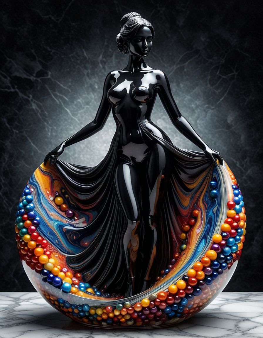 A captivating 3D render of a female figure meticulously crafted from an array of vibrant, colorful marbles. The masterful arrangement of marbles highlights her curvaceous form, creating a striking contrast of hues and a dynamic silhouette. Dark fantasy elements are subtly woven throughout, emphasized by the rich, contrasting colors and the intricate composition, which ranges from stylized to detailed depending on the marble's shade. This thought-provoking, conceptual artwork invites viewers to delve into the emotional depth and explore the enigmatic world of dark fantasy, immersing them in a mesmerizing visual experience., photo, illustration, conceptual art, 3d render, dark fantasy(glass painting,digital art,oil painting,monochrome,double exposure) <lora:DANGUBA:1>