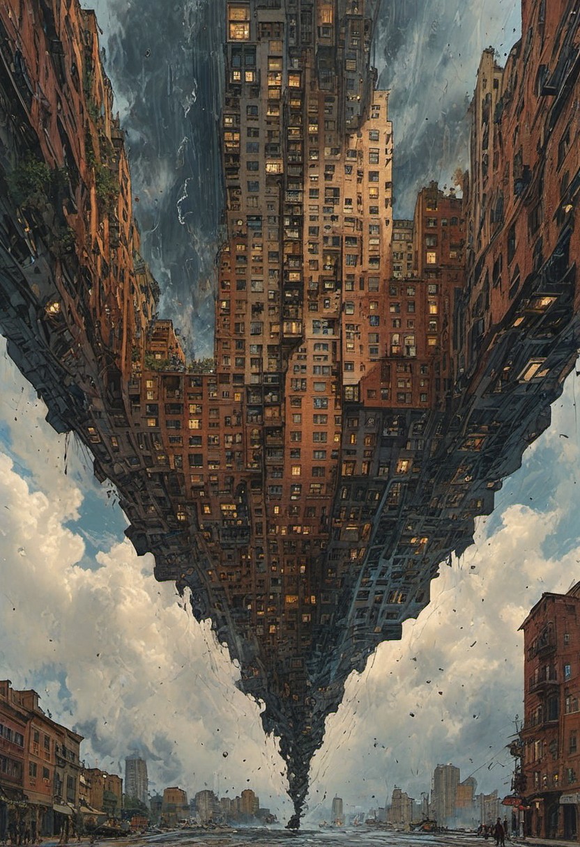 otclillsn, FRESHIDEAS Real Photography 2#, fenliexl, mixed media, surrealism, great lighting, In a surreal dreamscape, a cityscape with impossible architecture emerges from the swirling mist. Distorted skyscrapers twist like Escher-esque staircases, while streets warp into Mobius strips. A lone figure, suspended mid-air, appears trapped in an optical illusion of reflections and refractions. The sky above ripples like water, distorting the sense of up and down. In this bizarre landscape, one altered element can send the entire scene careening into chaos.