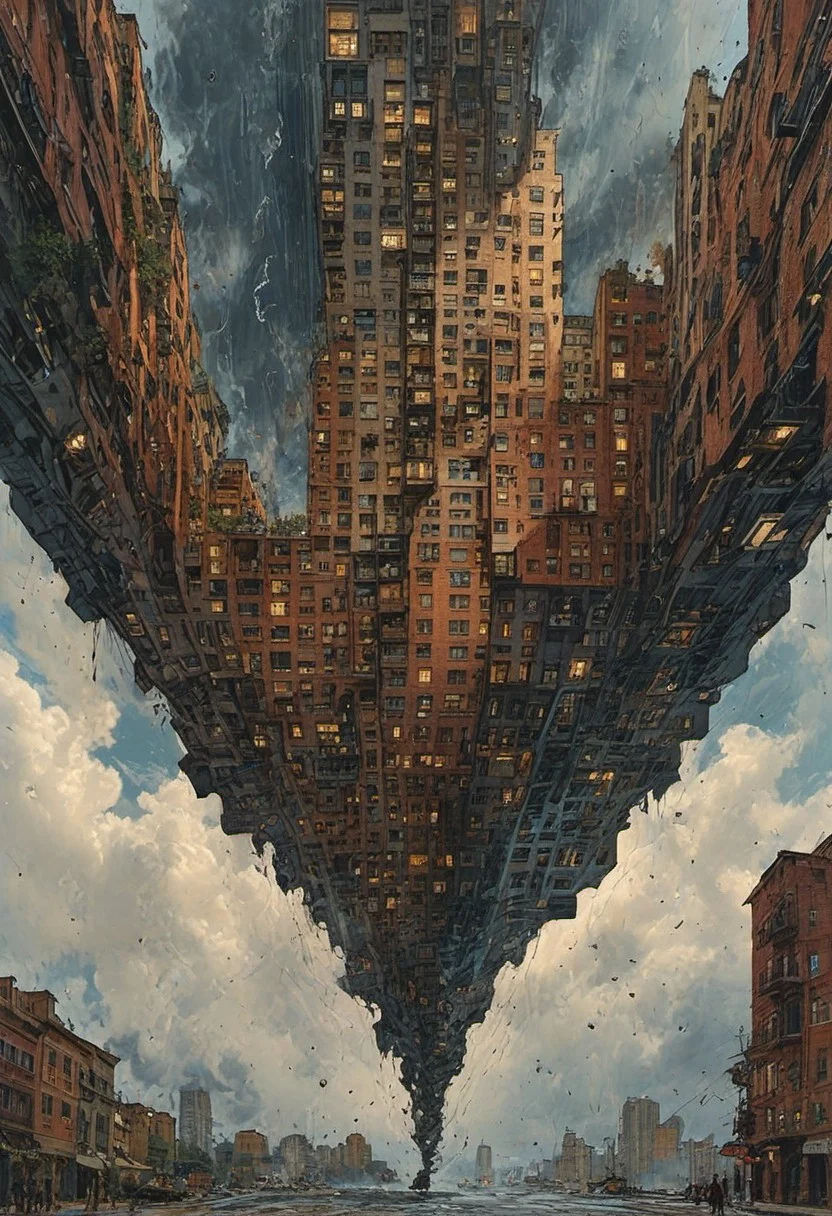 otclillsn, FRESHIDEAS Real Photography 2#, fenliexl, mixed media, surrealism, great lighting, In a surreal dreamscape, a cityscape with impossible architecture emerges from the swirling mist. Distorted skyscrapers twist like Escher-esque staircases, while streets warp into Mobius strips. A lone figure, suspended mid-air, appears trapped in an optical illusion of reflections and refractions. The sky above ripples like water, distorting the sense of up and down. In this bizarre landscape, one altered element can send the entire scene careening into chaos.