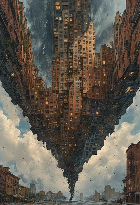 otclillsn, FRESHIDEAS Real Photography 2#, fenliexl, mixed media, surrealism, great lighting, In a surreal dreamscape, a cityscape with impossible architecture emerges from the swirling mist. Distorted skyscrapers twist like Escher-esque staircases, while streets warp into Mobius strips. A lone figure, suspended mid-air, appears trapped in an optical illusion of reflections and refractions. The sky above ripples like water, distorting the sense of up and down. In this bizarre landscape, one altered element can send the entire scene careening into chaos.