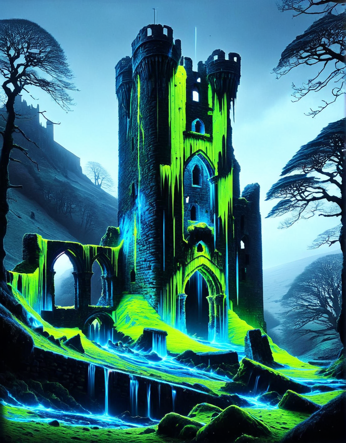 A ruined castle with flicks of blue and green ais-nnsplsh moss clinging to the crumbling stone. <lora:ais-nnsplsh-sdxl:1>