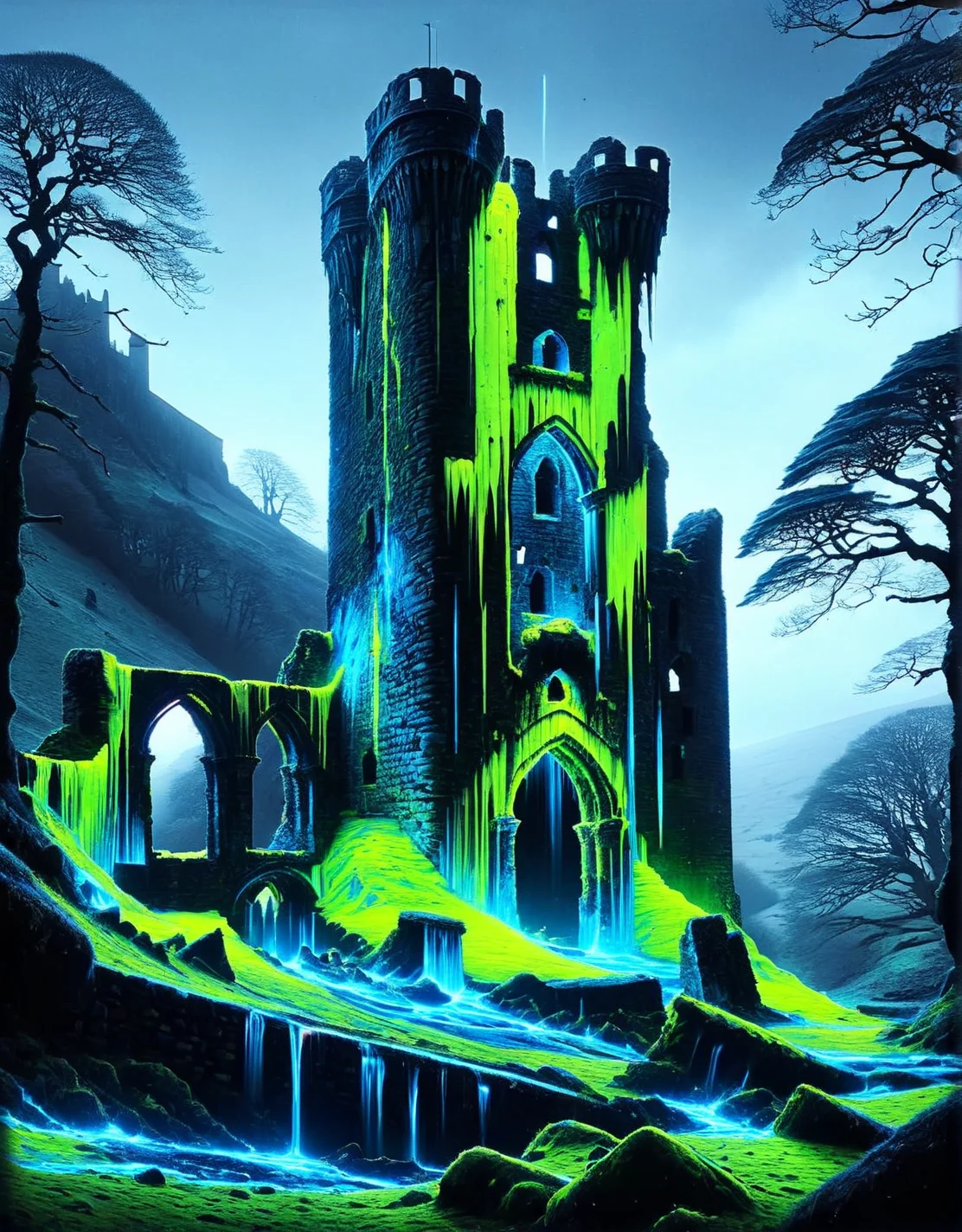 A ruined castle with flicks of blue and green ais-nnsplsh moss clinging to the crumbling stone. <lora:ais-nnsplsh-sdxl:1>