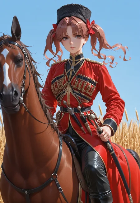 masterpiece, best quality, amazing quality, absurdres, one girl, shirai kuroko, brown eyes, brown hair, long hair, hair bow, red bow, twintails, parted bangs, k4z4k, black fur hat, red coat, black shirt, sheath, sword, military uniform, dagger, black boots, horse, riding, horseback riding, blue sky, wheat, cowboy shot, looking at viewer, dynamic pose,