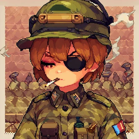score_9, score_8_up, score_7_up, score_6_up, source_anime, a woman in military uniform standing a pile of bullet casings, (pixel art), (pixel_art), 1girl, uniform, camouflage, helmet, eyepatch, bullets, outdoors, tired expression, smoking a cigarette