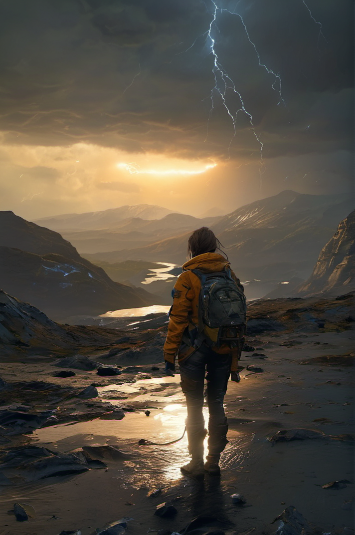girl  in  Death Stranding: Timefall Storm: A landscape ravaged by timefall, where rain ages objects rapidly and creates bizarre and dangerous phenomena. with many details,