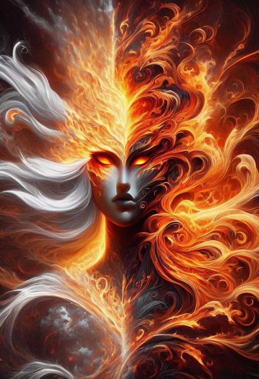 Highly detailed, left hand side white/right hand side fire orange/yellow/red/black highly cinematic, close-up image of a goddess of fire, perfect composition, beautiful colours, fire, flames, warm colourslots of details, flowers, metallic ink, beautifully lit, a fine art painting by drew struzan and karol bak, gothic art, dark and mysterious, ilya kuvshinov, russ mills