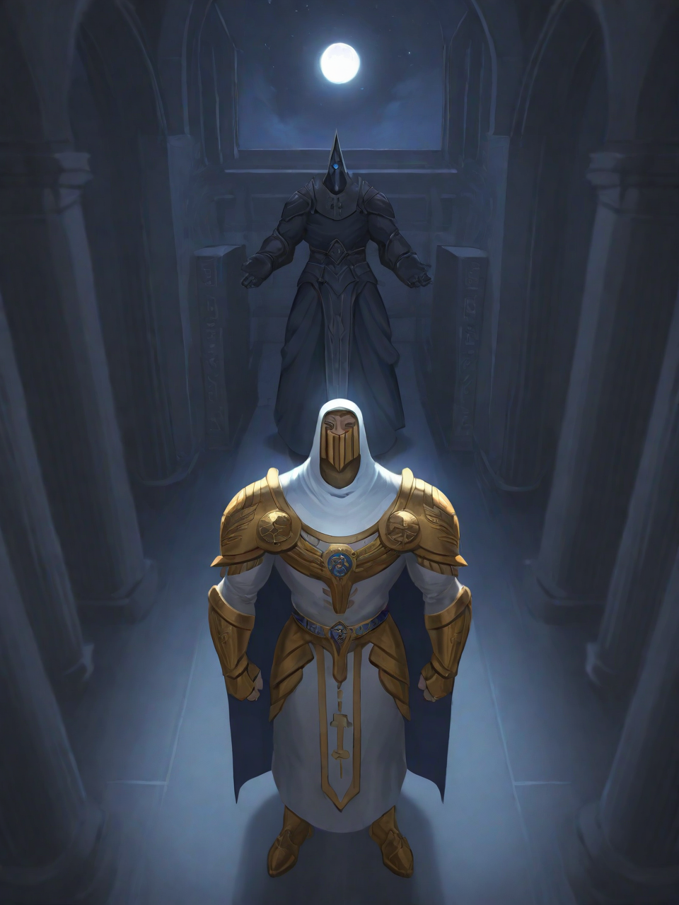 3tn3ss, very awa, masterpiece, best quality, absurdres, newest, perfect quality, detailed background, intricate details, Ancient Egypt, night time, temple interior, moon shining in from above, full body view, male, solo

moonknight, hood, armor, cape, glowing eyes, blue eyes, mask, bara, muscular, standing tall, looking up to the moon, priest-like stature, in reverence, eyes closed