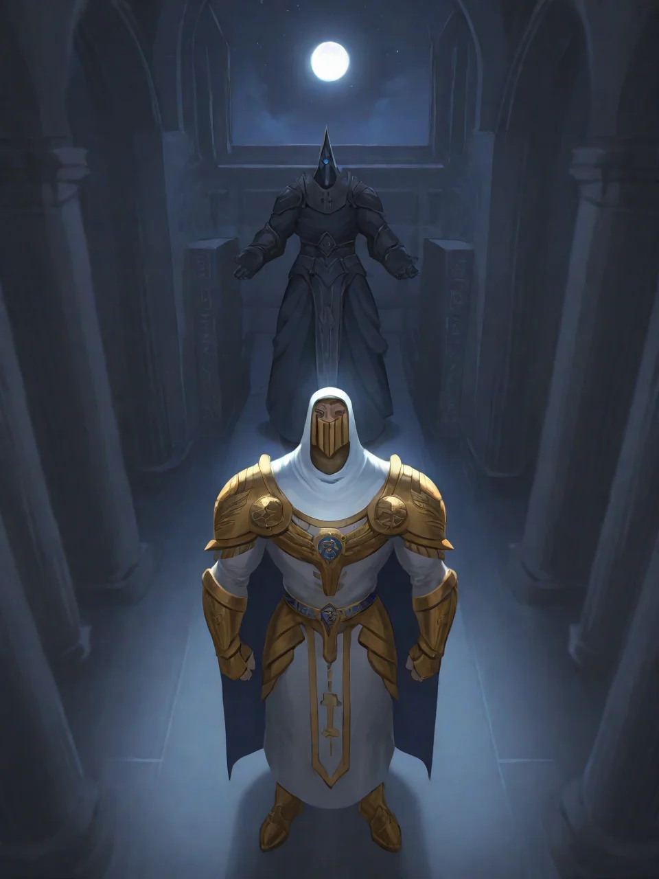 3tn3ss, very awa, masterpiece, best quality, absurdres, newest, perfect quality, detailed background, intricate details, Ancient Egypt, night time, temple interior, moon shining in from above, full body view, male, solo
moonknight, hood, armor, cape, glowing eyes, blue eyes, mask, bara, muscular, standing tall, looking up to the moon, priest-like stature, in reverence, eyes closed