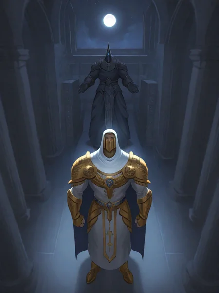 3tn3ss, very awa, masterpiece, best quality, absurdres, newest, perfect quality, detailed background, intricate details, Ancient Egypt, night time, temple interior, moon shining in from above, full body view, male, solo
moonknight, hood, armor, cape, glowing eyes, blue eyes, mask, bara, muscular, standing tall, looking up to the moon, priest-like stature, in reverence, eyes closed