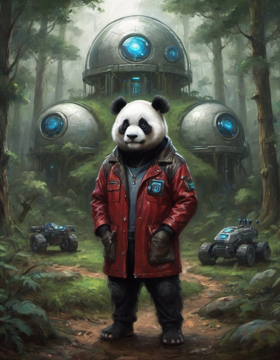 a panda scientist wearing a leather red jacket in a forest in front of his sci-fi research dome