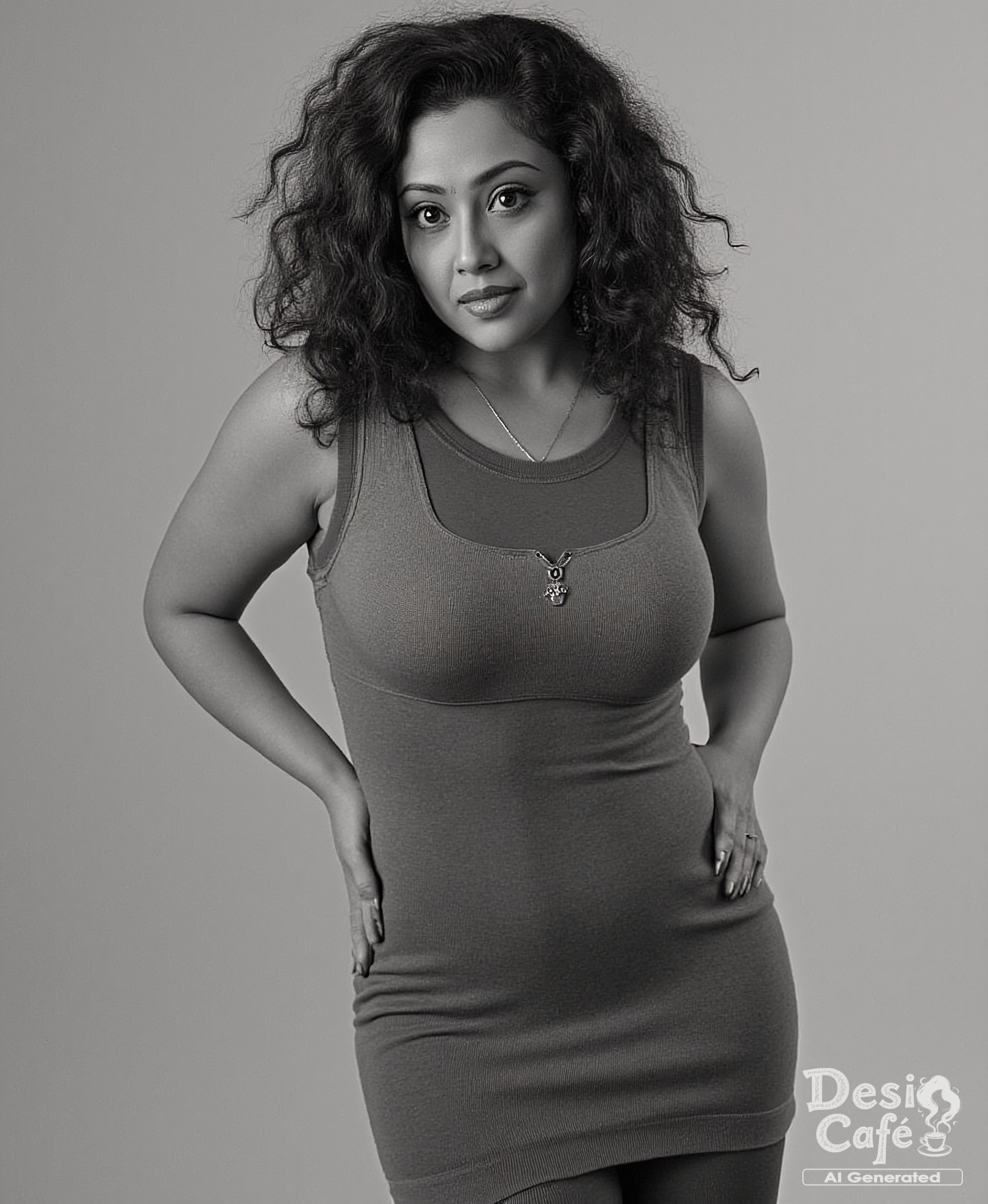 black and white photo of m33n4 woman with a thin waist and hourglass figure, hyper realistic photo that is safe for work, expression of wonderment with wide eyes, studio quality image with natural colors, well dressed wearing intricate sleeveless Indigo sweatshirt, hair styled as  curls,muted pastel shaded multicolored background that contrasts with the person, cinematic lighting,âââââ âââ <lora:M33n4_Meena_Flux_Kohya_V1:1>âââ