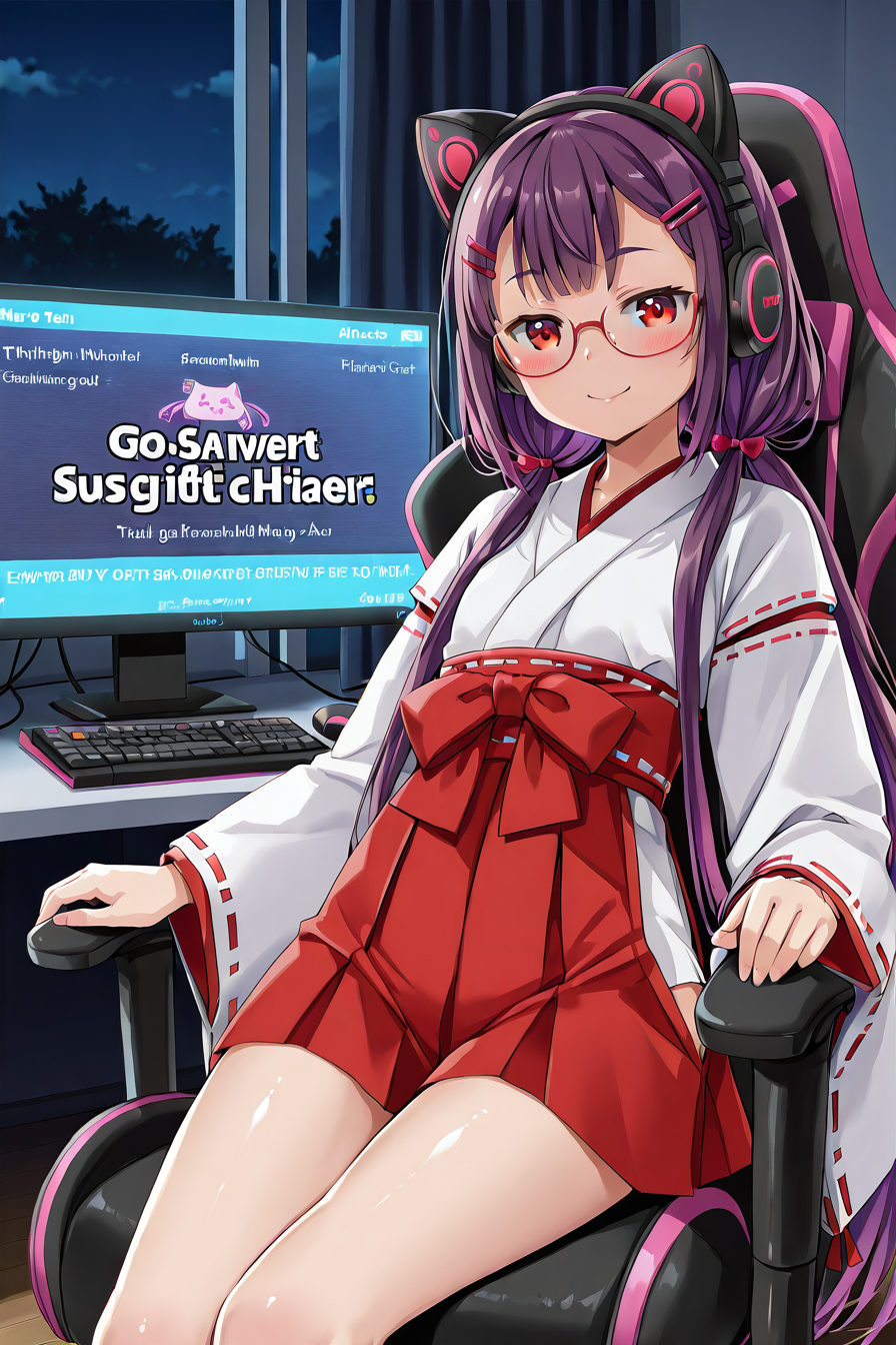 detailed background, shiny skin, posing,
<lora:natsueri.il:1.0>,
natsueri,
miko, gaming chair, streaming, 
night, indoor,, (purple hair:1.2), very long hair, low pigtails,
red eyes, glasses, hairpin, glowing cat headphones,  
hairpin,